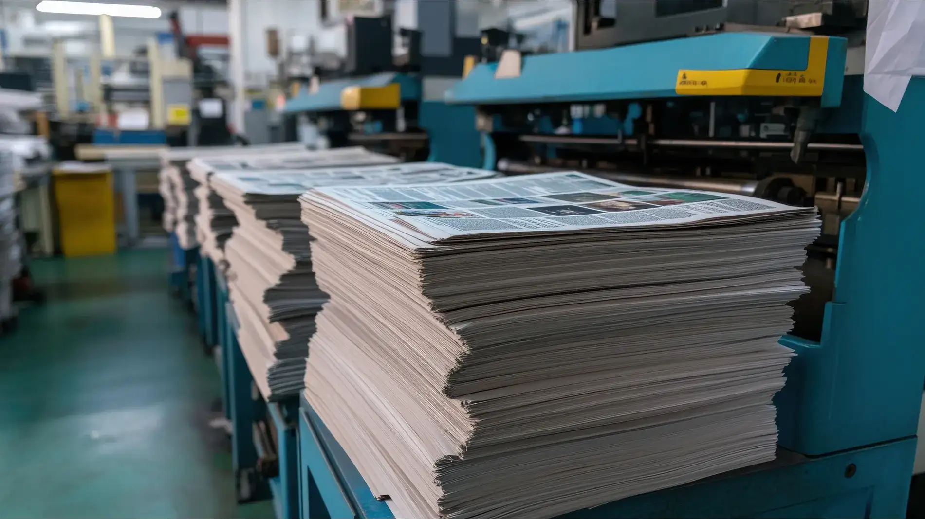 stacks of prints in and machinery in local print shop