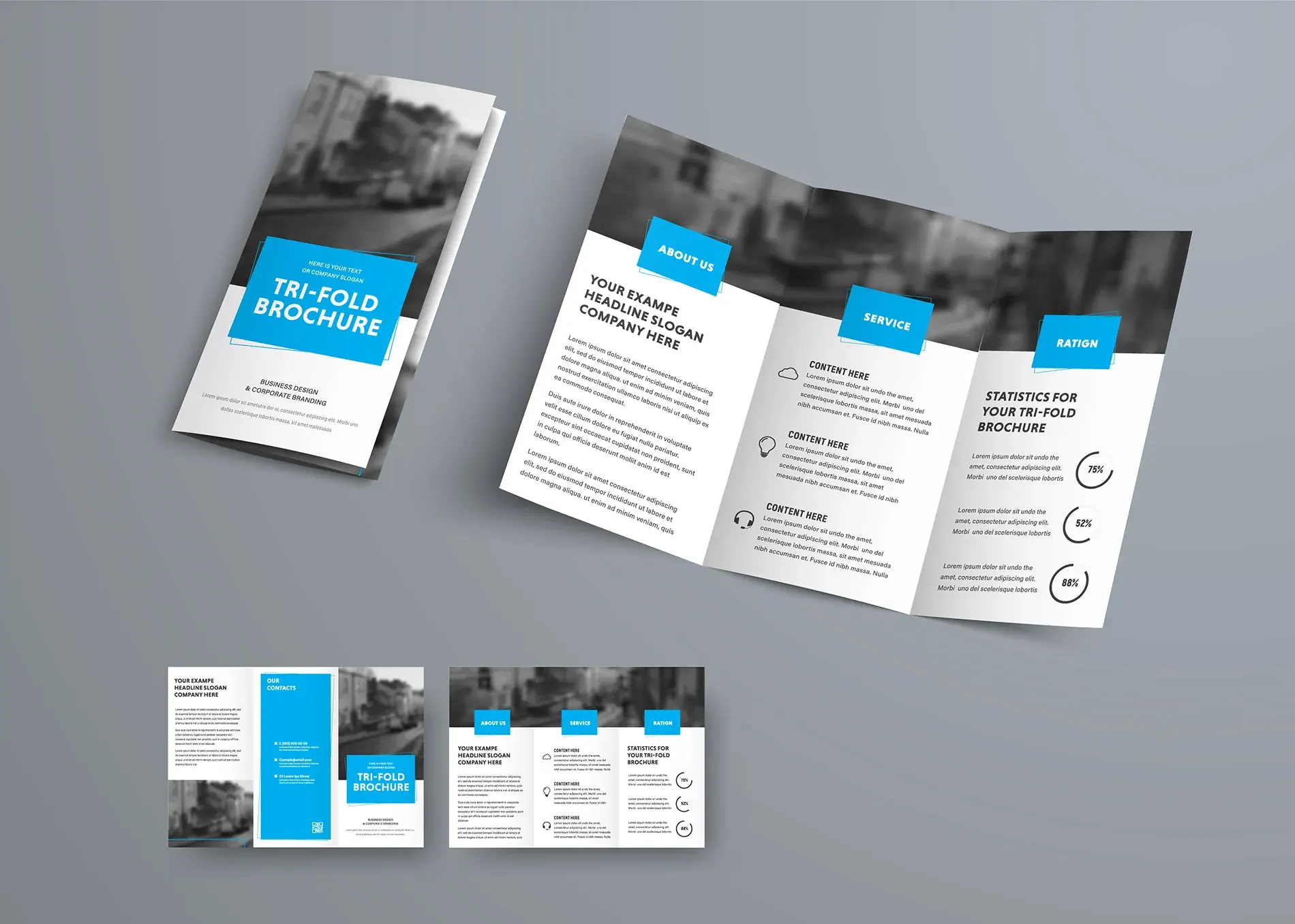 example of black white and blue tri-fold brochures