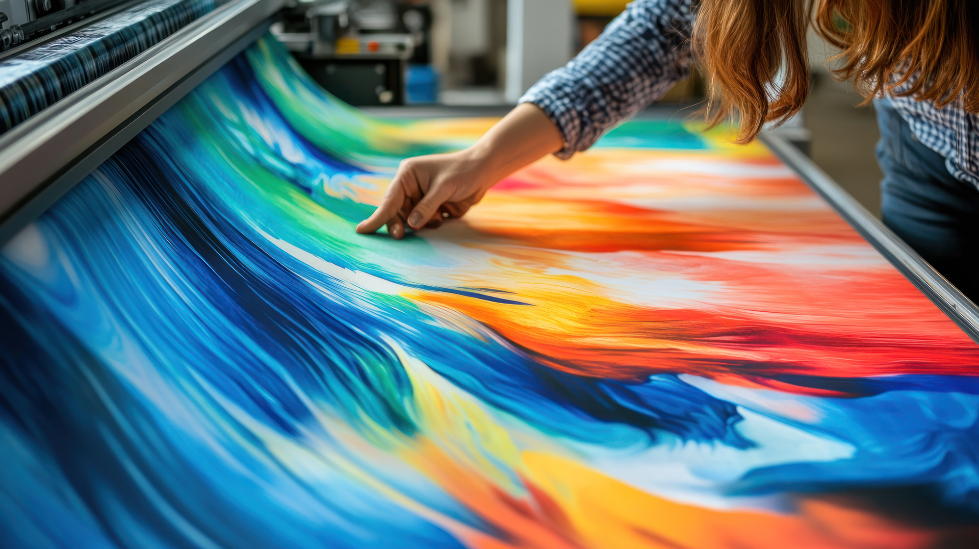 printer looking at wide format print as it is coming out of machine