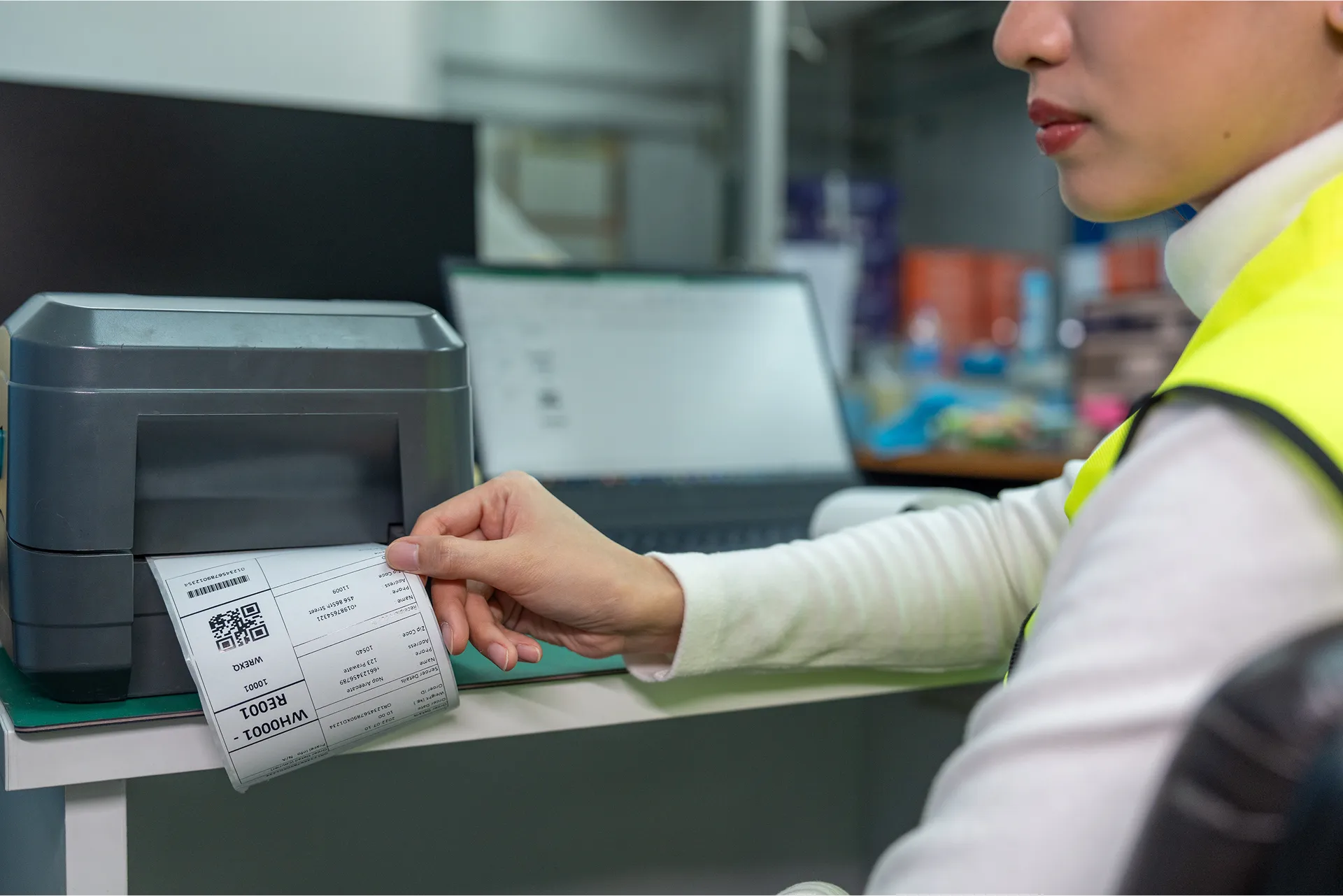 Worker holding a printed label